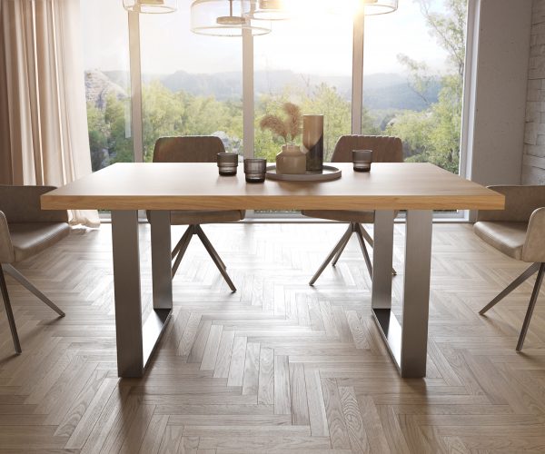Jedálenský stôl Edge 160x90 cm prírodný dub úzka podnož nerezová oceľ - Image 2