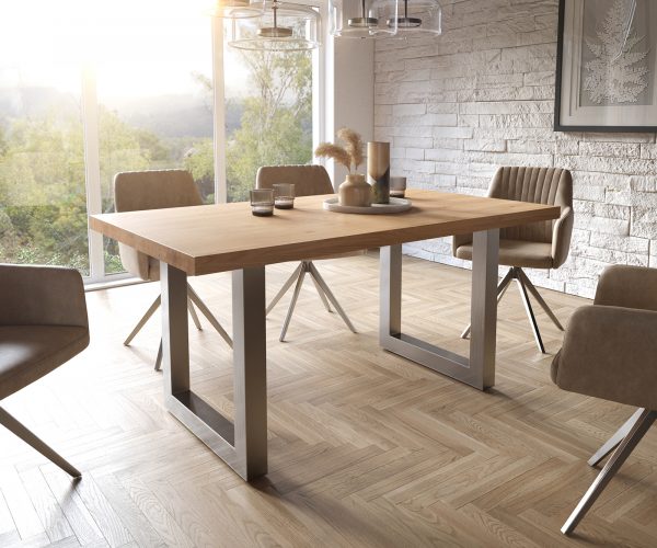 Jedálenský stôl Edge 160x90 cm prírodný dub široká podnož z nerezovej ocele