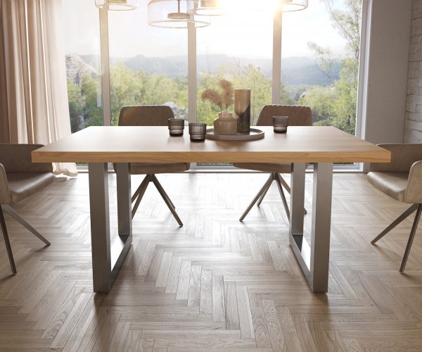 Jedálenský stôl Edge 160x90 cm prírodný dub široká podnož z nerezovej ocele - Image 2