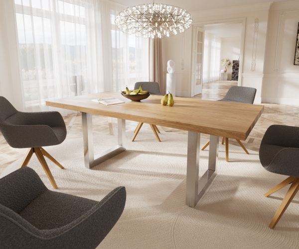 Jedálenský stôl Edge 200x100 cm prírodný dub široká podnož z nerezovej ocele
