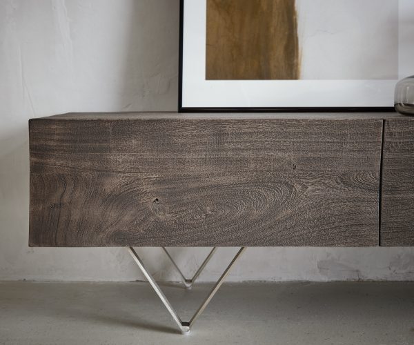 TV stolík Wyatt 220 cm Akácia platina 4 zásuvky Podstavec v tvare V Nerezová oceľ - Image 8