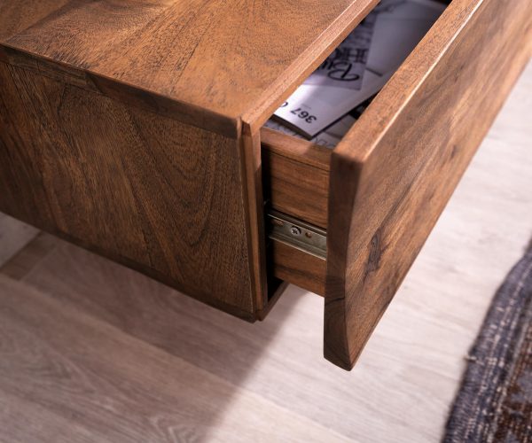 TV stolík Wyatt 220 cm Akácia hnedá 4 zásuvky Podstavec v tvare V Nerezová oceľ - Image 4