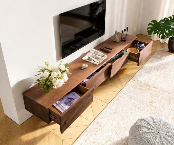 TV stolík Wyatt 220 cm Akácia hnedá 4 zásuvky Podstavec v tvare V Nerezová oceľ - Image 2