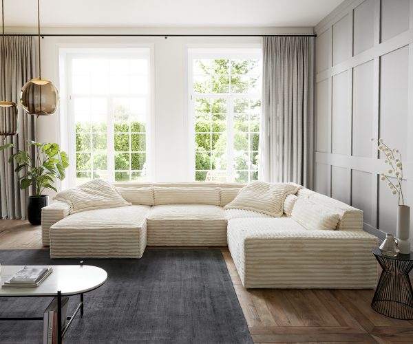 Pohovka v tvare U Sirpio XL 360x260 cm plyšová manšestrová béžová variabilná ležadlo - Image 2