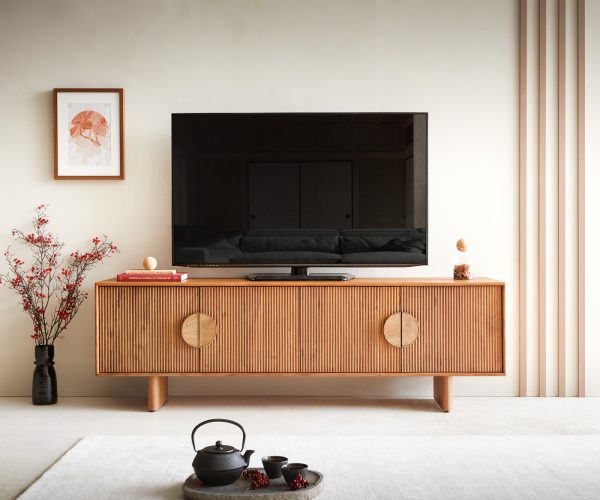 TV stolík Surimu 175 cm akáciová svetlohnedá 4 dvierka korkové držadlo drevená podstava - Image 2