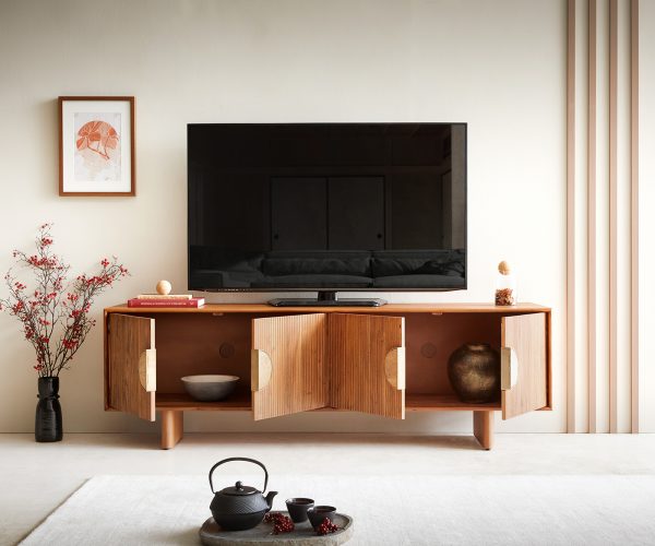 TV stolík Surimu 175 cm akáciová svetlohnedá 4 dvierka korkové držadlo drevená podstava - Image 5