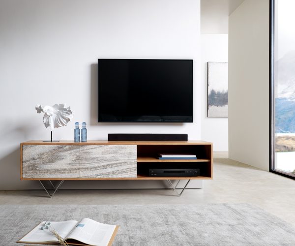 TV stolík Kleo 160 cm prírodná akácia 2 dvierka podstavec v tvare V nerezová oceľ - Image 2