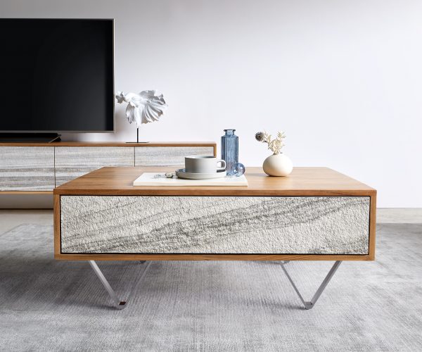 Konferenčný stolík Kleo 80x60 cm prírodná akácia 2 zásuvky podstava v tvare V nerezová oceľ - Image 2