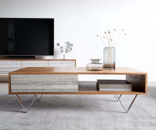 Konferenčný stolík Kleo 115x60 cm prírodná akácia 2 zásuvky podstava v tvare V nerezová oceľ - Image 2