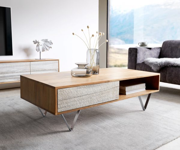 Konferenčný stolík Kleo 115x60 cm prírodná akácia 2 zásuvky podstava v tvare V nerezová oceľ