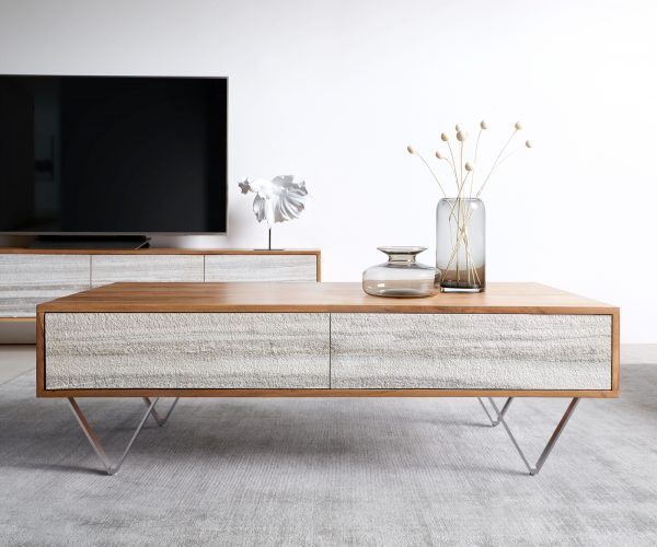Konferenčný stolík Kleo 115x60 cm prírodná akácia 4 zásuvky podstava v tvare V nerezová oceľ - Image 2