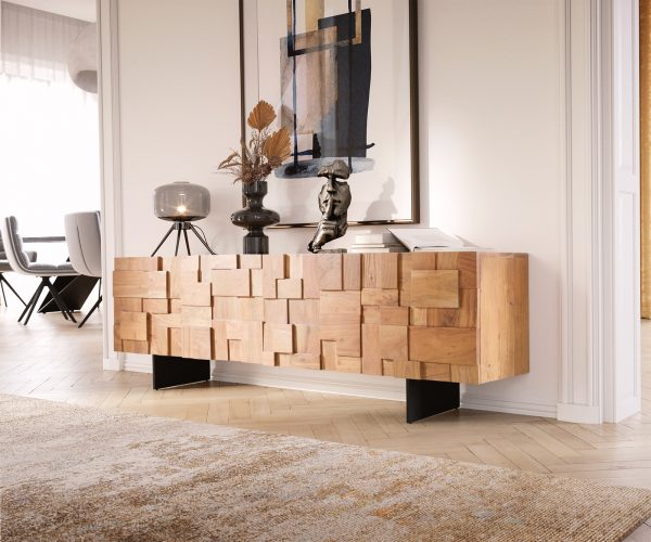 TV stolík Puzzle 175 cm prírodná akáciová podnož kovová čierna