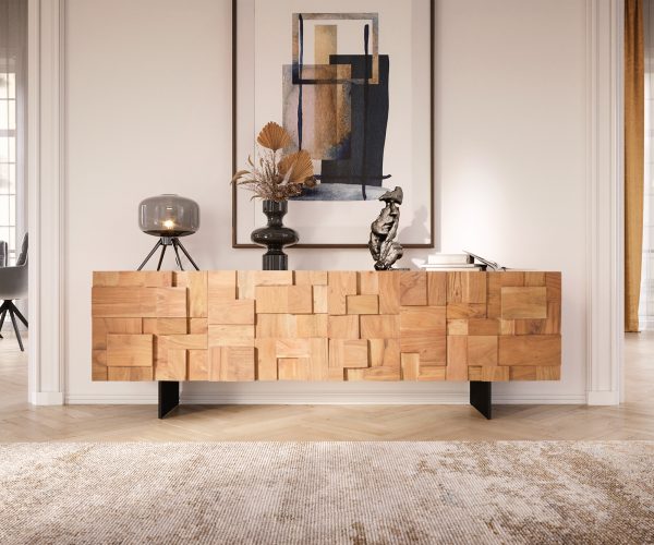 TV stolík Puzzle 175 cm prírodná akáciová podnož kovová čierna - Image 2