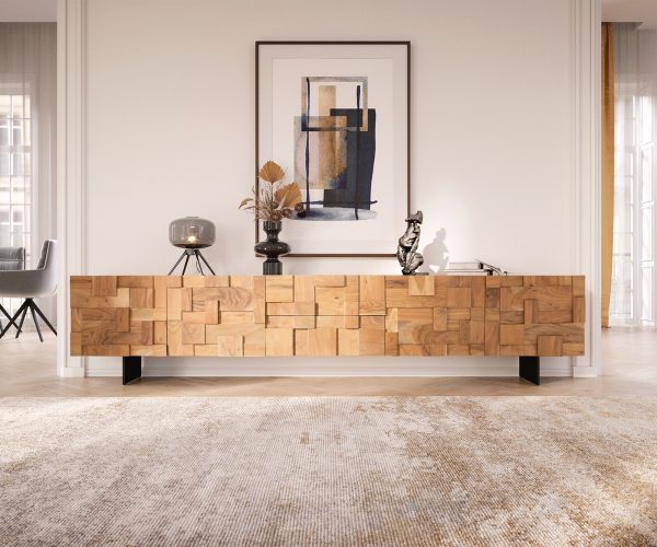 TV stolík Puzzle 260 cm prírodná akáciová podnož kovová čierna - Image 2