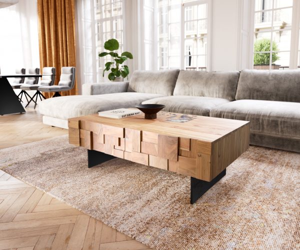 Konferenčný stolík Puzzle 120 cm prírodná akáciová podnož kovová čierna