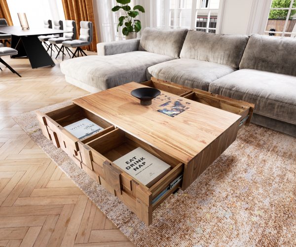 Konferenčný stolík Puzzle 120 cm prírodná akáciová podnož kovová čierna - Image 4