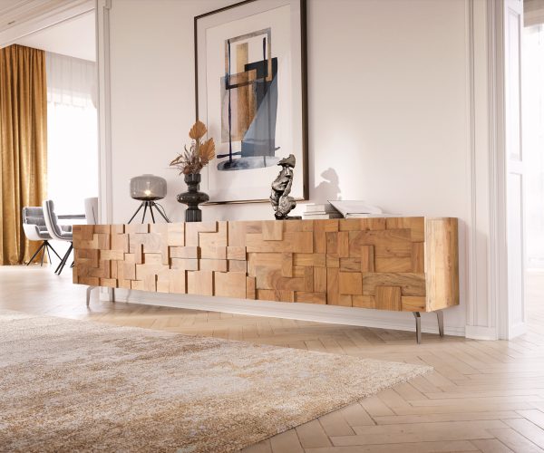 TV stolík Puzzle 260 cm prírodná akácia šikmá podstava nerezová oceľ