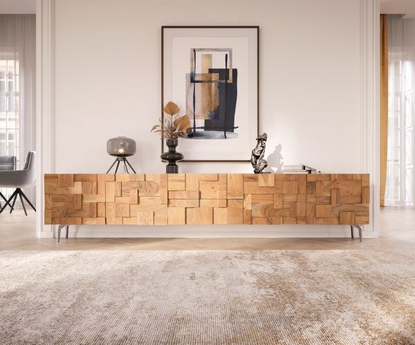 TV stolík Puzzle 260 cm prírodná akácia šikmá podstava nerezová oceľ - Image 2
