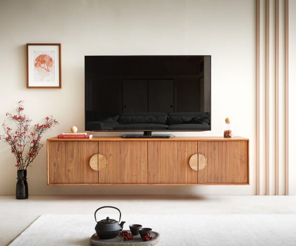 TV stolík Surimu 175x40x40 cm akácia svetlohnedá 4 dvierka korkové madlo na zavesenie - Image 2