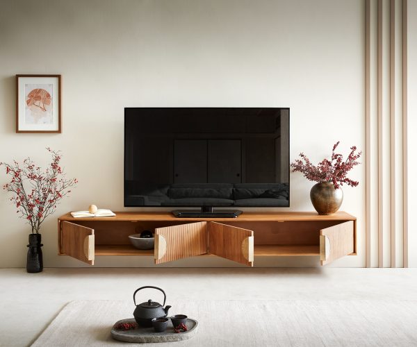 TV stolík Surimu 200x35x25 cm akácia svetlohnedá 4 dvierka korkové madlo na zavesenie - Image 4