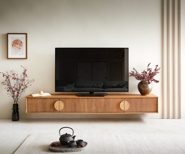 TV stolík Surimu 200x35x25 cm akácia svetlohnedá 4 dvierka korkové madlo na zavesenie - Image 2
