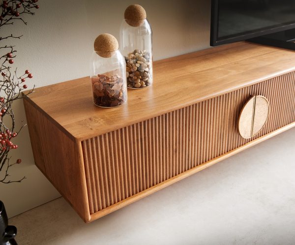 TV stolík Surimu 240x35x25 cm akácia svetlohnedá 4 dvierka korkové madlo na zavesenie - Image 5