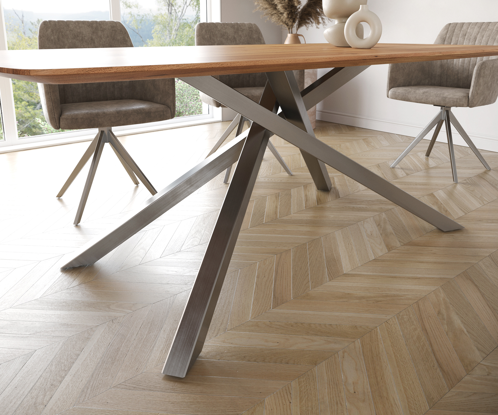 Jedálenský stôl Edge zaoblený tvar 200x100 akácia prírodná krížová podstava obdĺžnik nerezová oceľ švajčiarska hrana - Image 6