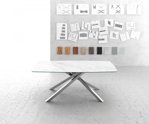 Jedálenský stôl Hrana zaoblená 200x100cm Laminam® keramický biely podstavec kríž strieborný - Image 2