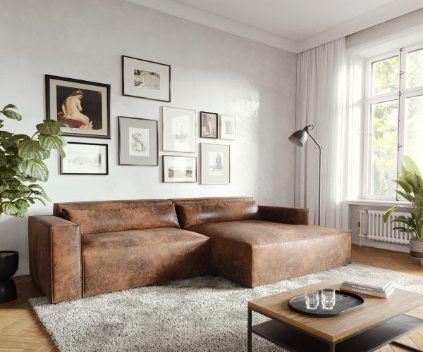 Rohová pohovka Brom 265x150 cm koženka hnedá lenivá pohovka pravá