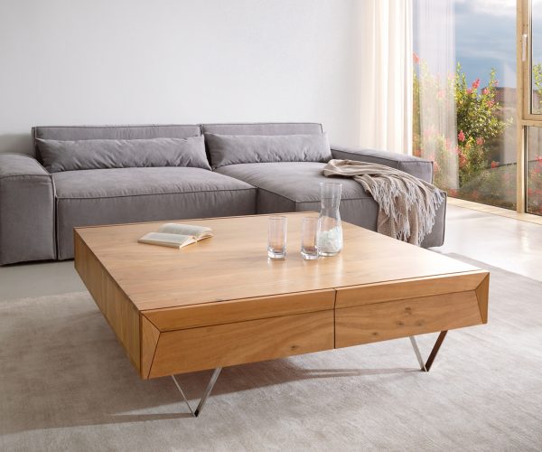 Konferenčný stolík Kayu 115x115x40 cm prírodná akácia 4 zásuvky podstava v tvare V nerezová oceľ