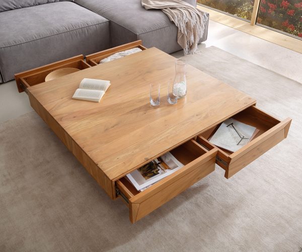 Konferenčný stolík Kayu 115x115x40 cm prírodná akácia 4 zásuvky podstava v tvare V nerezová oceľ - Image 4