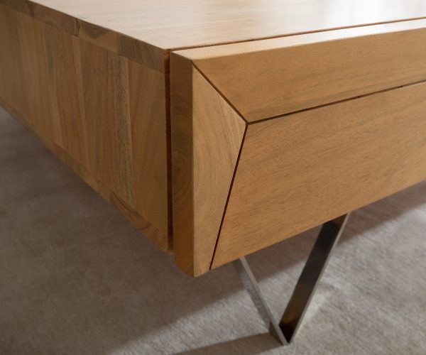 Konferenčný stolík Kayu 115x115x40 cm prírodná akácia 4 zásuvky podstava v tvare V nerezová oceľ - Image 5