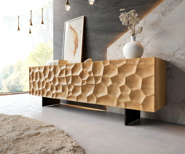 TV stolík Solu 175x35x55 cm prírodný dub 2 dvierka 2 zásuvky kov čierny závesný