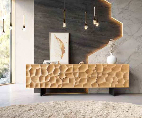 TV stolík Solu 175x35x55 cm prírodný dub 2 dvierka 2 zásuvky kov čierny závesný - Image 2