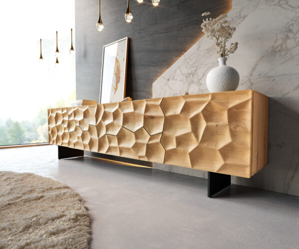 TV stolík Solu 220 cm dub prírodný 2 dvierka 4 zásuvky závesná kovová podstava čierna 3D čelá