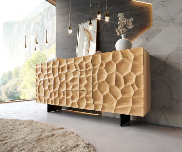 Komoda Solu 175x40x80 cm prírodný dub 2 dvierka 3 zásuvky kov čierna závesná