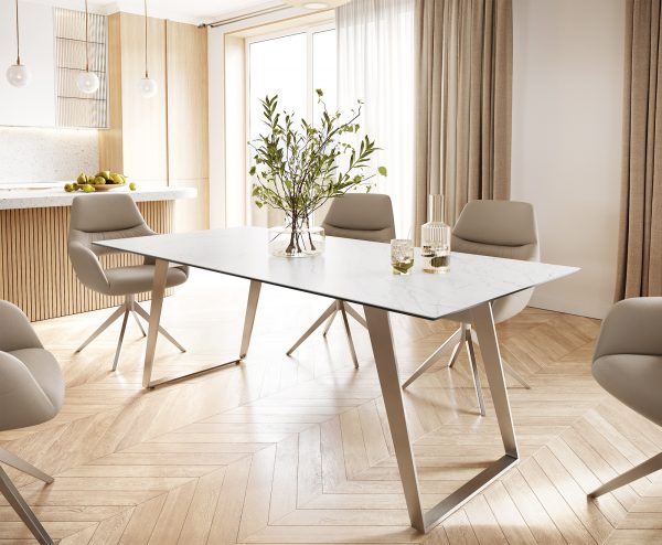 Jedálenský stôl Edge 200x100 cm keramický Laminam® Statuarettio biely šikmý podstavec z nerezovej ocele - Image 2