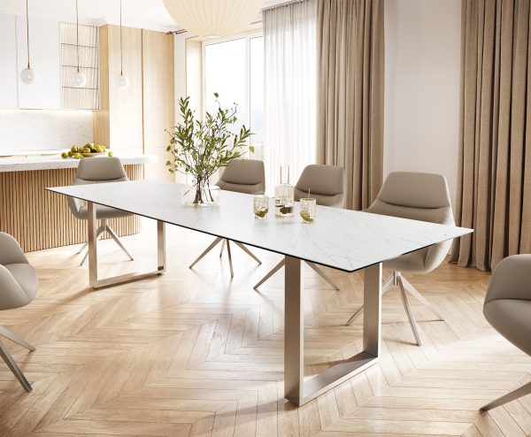 Jedálenský stôl Edge 300x100 cm keramický Laminam® Statuarettio biely úzky podstavec z nerezovej ocele - Image 2