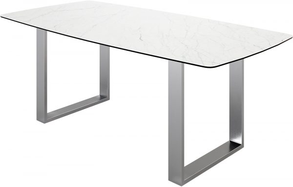 Hranatý jedálenský stôl 200x100 cm keramický zaoblený Laminam® Statuarettio biely úzky podstavec z nerezovej ocele - Image 2