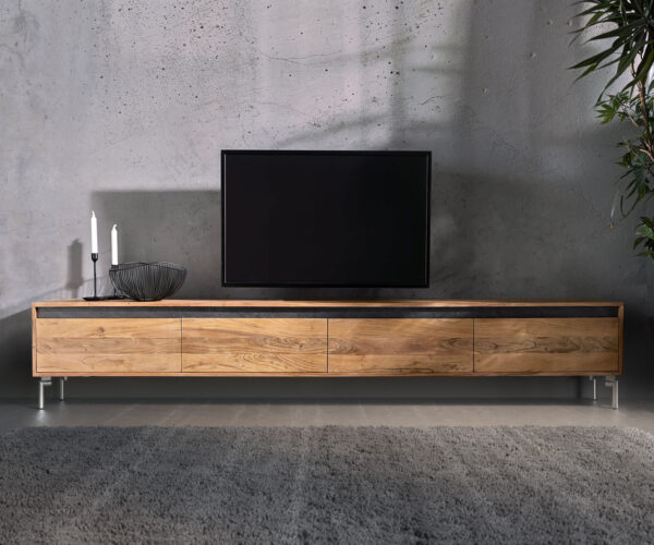 TV stolík Stonegrace 240 cm prírodná akácia 4 dvierka podstavec oválny nerezová oceľ - Image 2