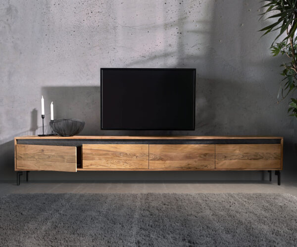 TV stolík Stonegrace 240 cm prírodná akácia 4 dvierka podstavec oválny kov čierny - Image 4
