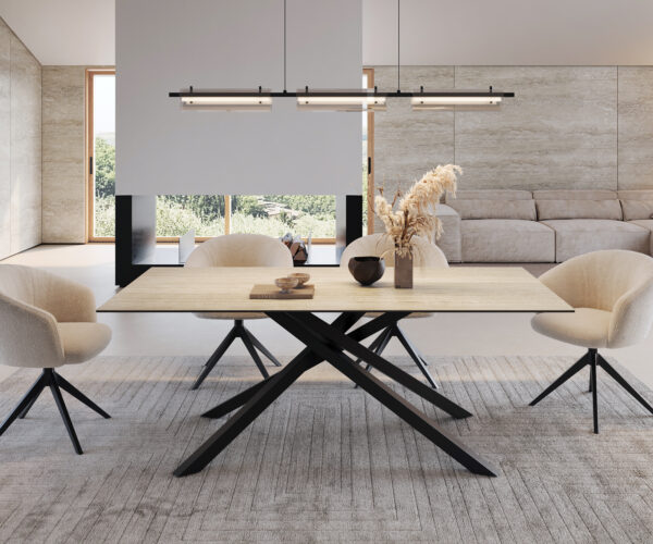 Jedálenský stôl Edge 200x100 keramický travertín prírodný krížový podstavec štvorcový čierny - Image 2