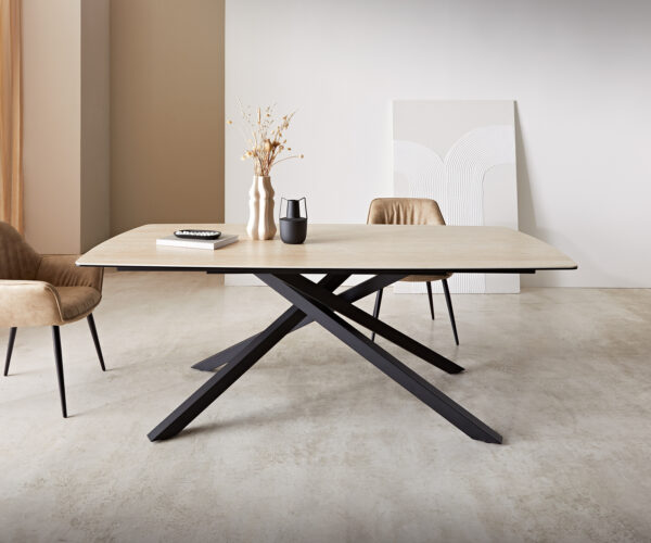 Jedálenský stôl Edge oválny 200x100 keramický travertín prírodný krížový podstavec štvorcový čierny - Image 2