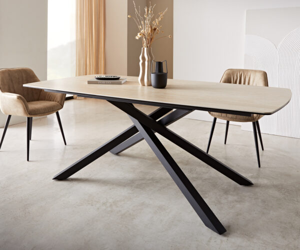 Jedálenský stôl Edge oválny 200x100 keramický travertín prírodný krížový podstavec štvorcový čierny - Image 7
