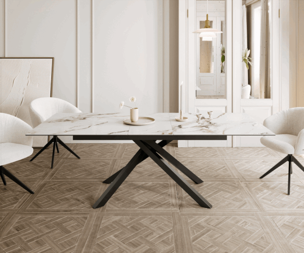 Jedálenský stôl Edge 180-220x100 keramický Calacatta Luxe bielo-zlato-šedý krížová podstava štvorcová čierna skladacia - Image 2