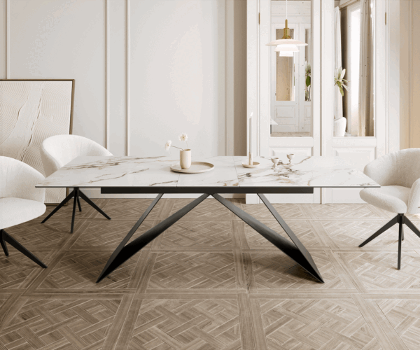Jedálenský stôl Edge 180-220x100 keramický Calacatta Luxe bielo-zlatý sivý Podstavec v tvare V plochý oceľový čierny skladací - Image 2