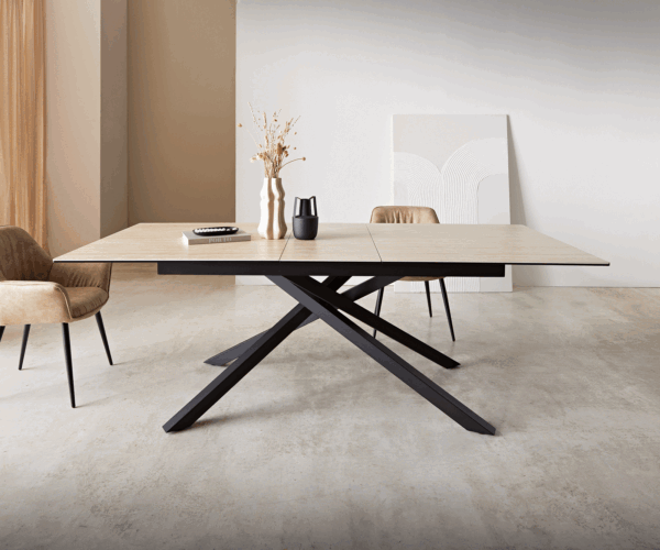 Jedálenský stôl Edge 180-220x100 keramický travertín prírodný krížový podstavec štvorcový čierny skladací - Image 2
