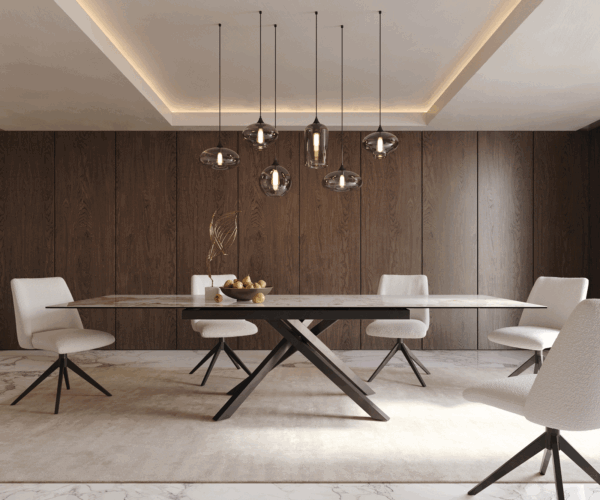 Jedálenský stôl Edge 200-300x100 keramický minas melange bielo-béžový krížová podstava štvorcový čierny skladací - Image 2