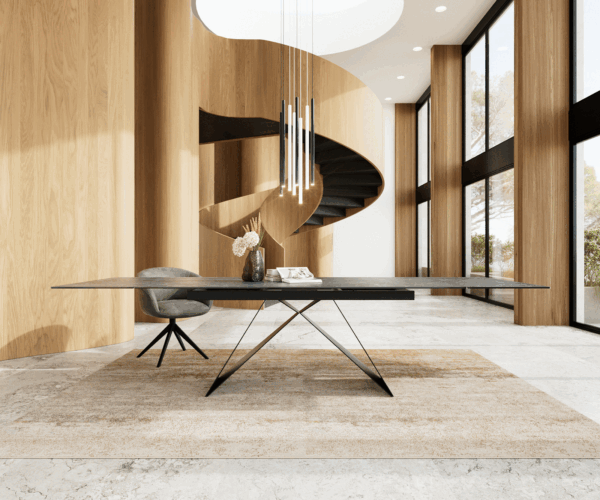 Jedálenský stôl Edge 200-300x100 keramický Laminam®Nero Greco antracitový Podstavec v tvare V plochý oceľový čierny skladací - Image 2