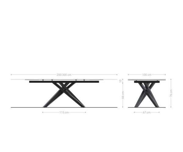 Jedálenský stôl Edge 200-300x100 reliéfne sklo dymovo čierne 3D dizajn krížová základňa štvorcová nerezová oceľ skladacia - Image 9